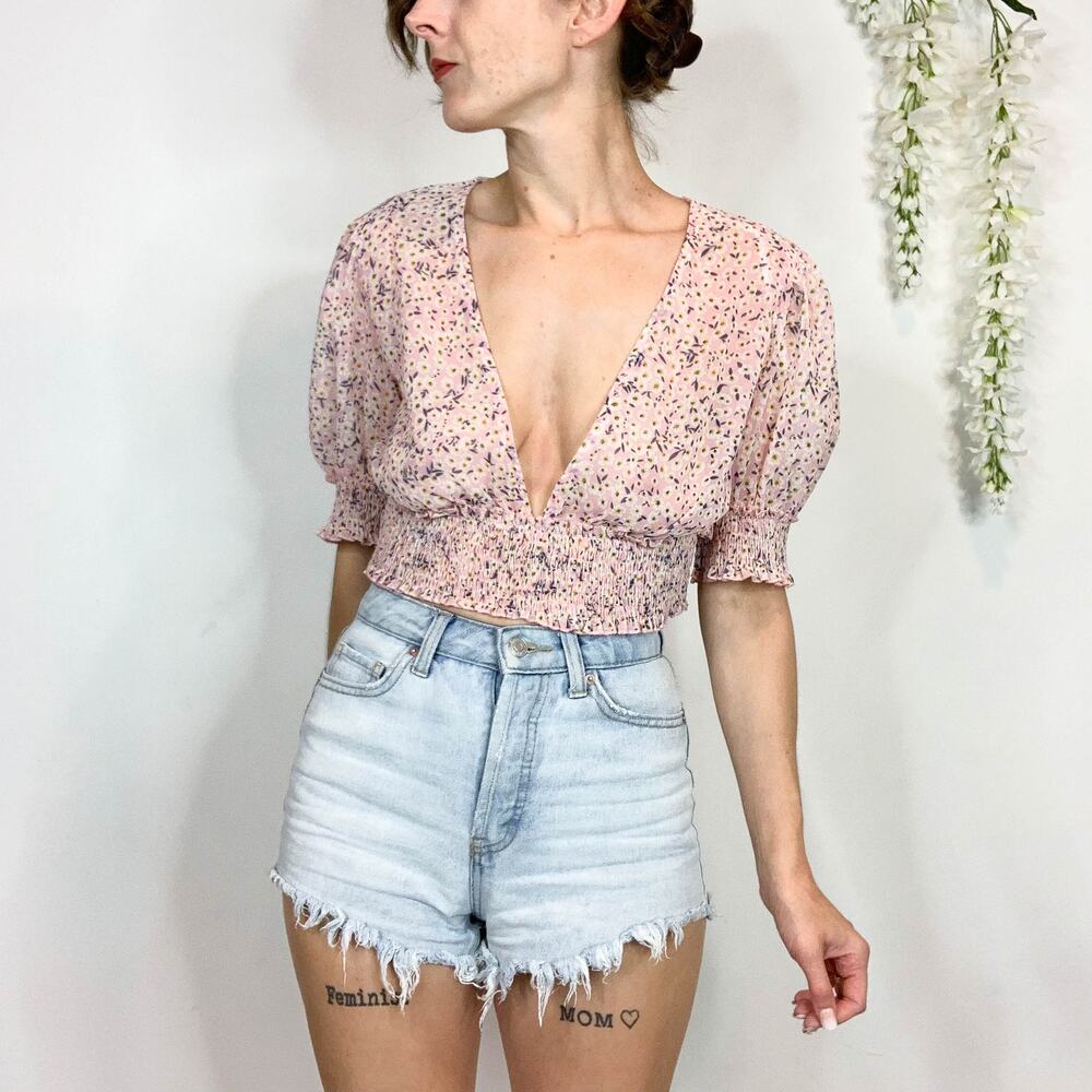 PRINCESS POLLY deep v-neck crop top puff sleeve floral retro cottagecore 2521